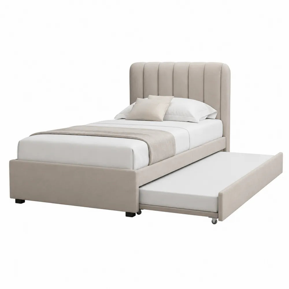 Cama individual de tela beige con somier extraíble