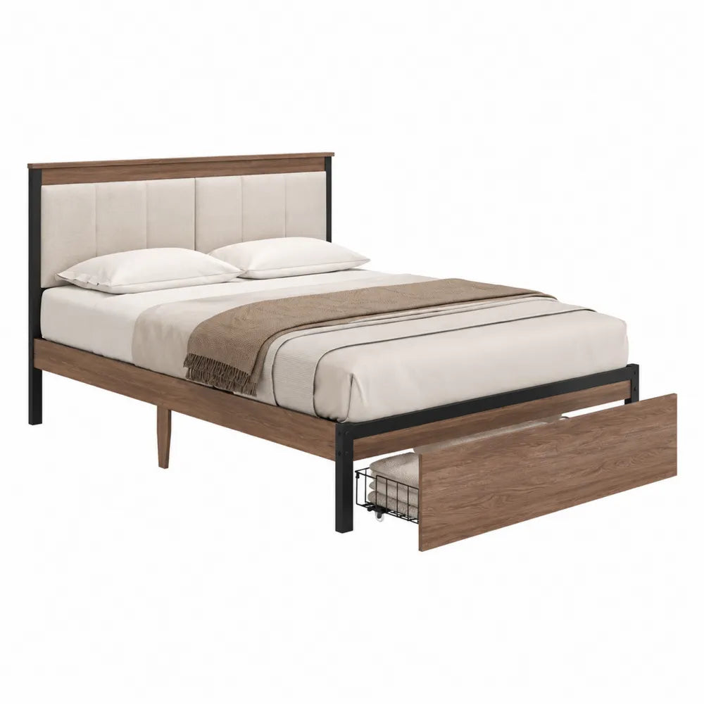 Cama doble de madera y metal con almacenamiento 200x160 cm beige
