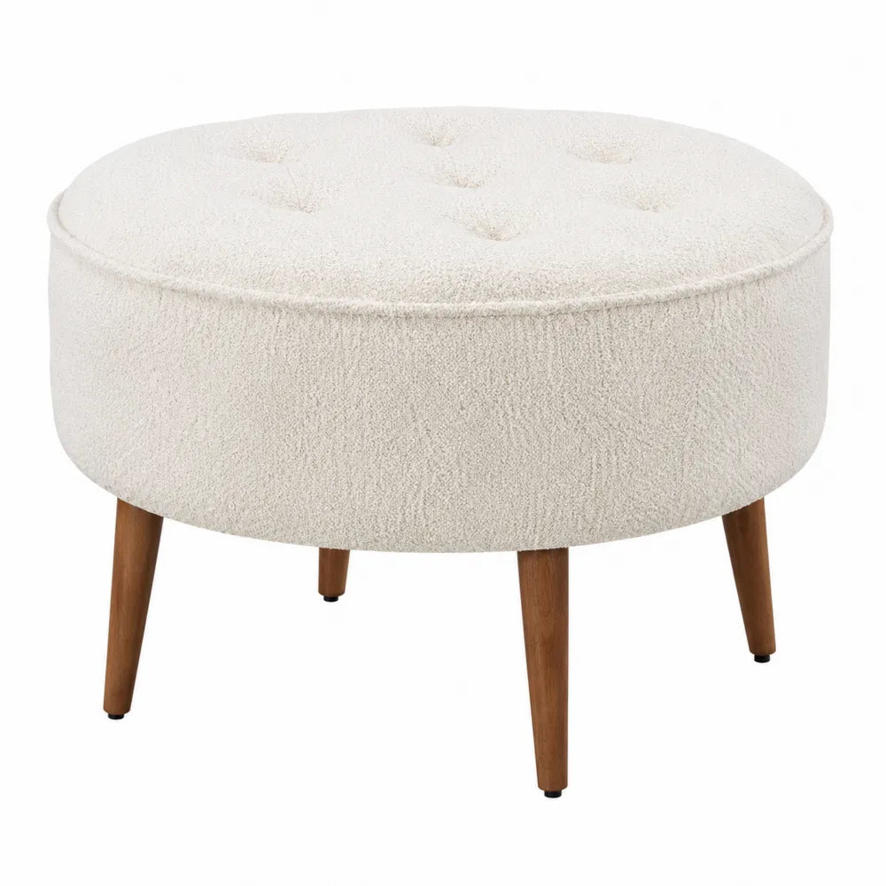 Taburete redondo de poliéster crema con patas de madera maciza