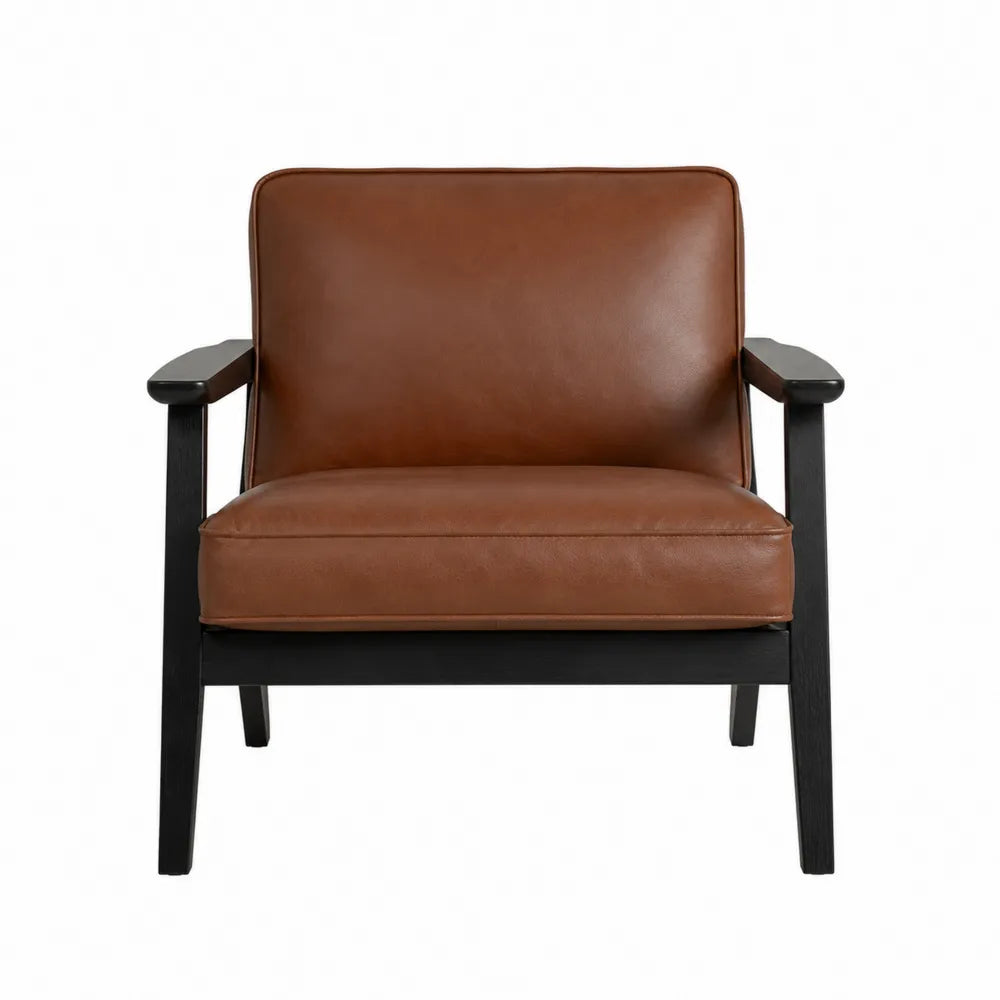 Silla de cuero PU marrón con estructura de madera negra