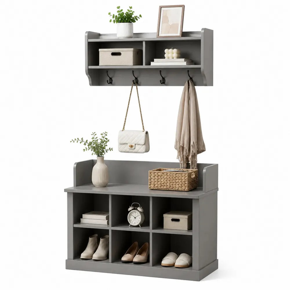Conjunto de Entrada de Madera MDF con Banco y Estante Superior en Gris