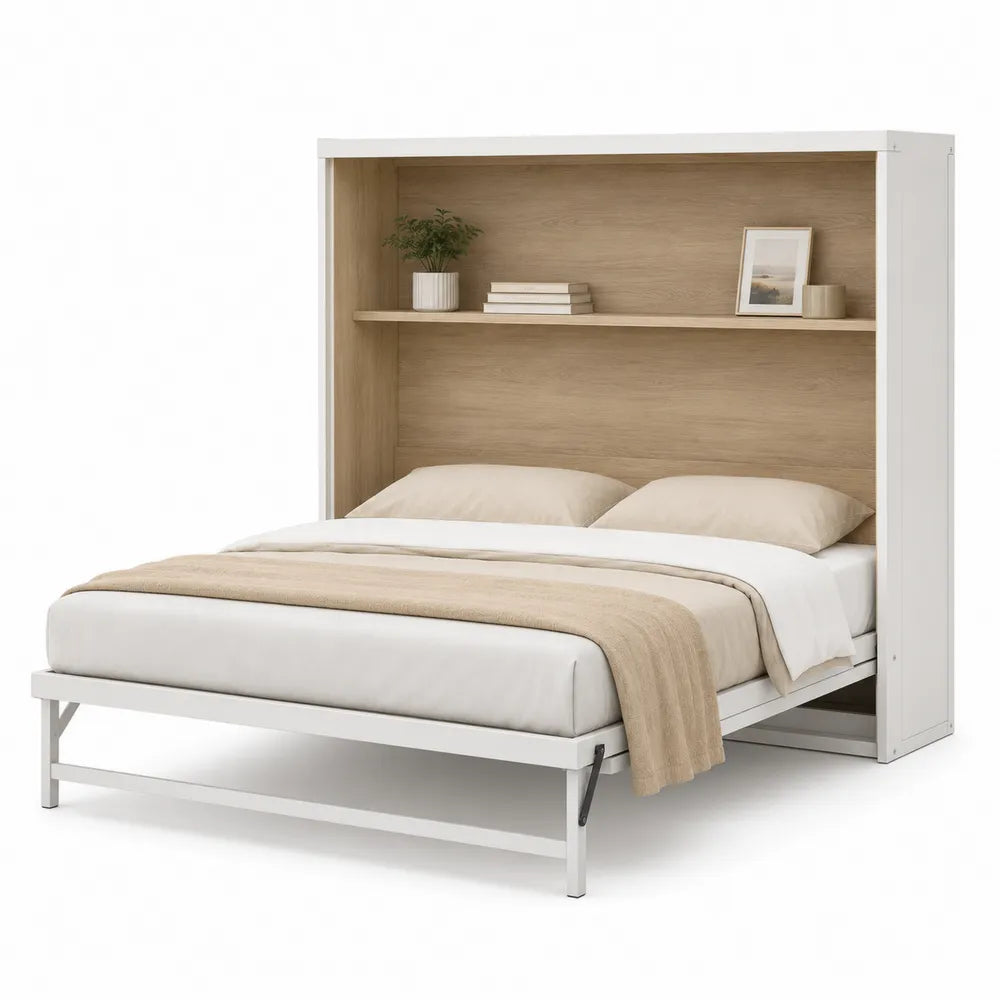 Cama abatible de metal y madera color blanco y roble 200x150 cm