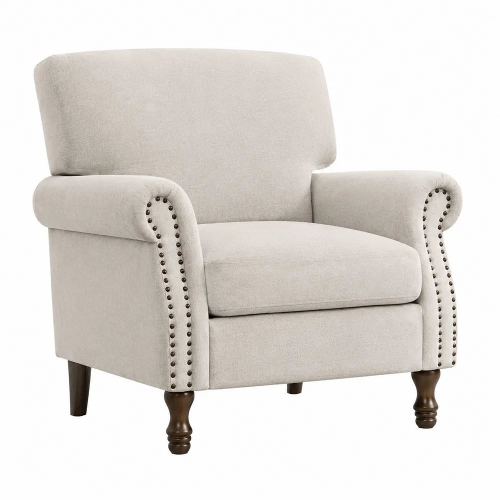 Sillón de poliéster beige con patas de madera maciza