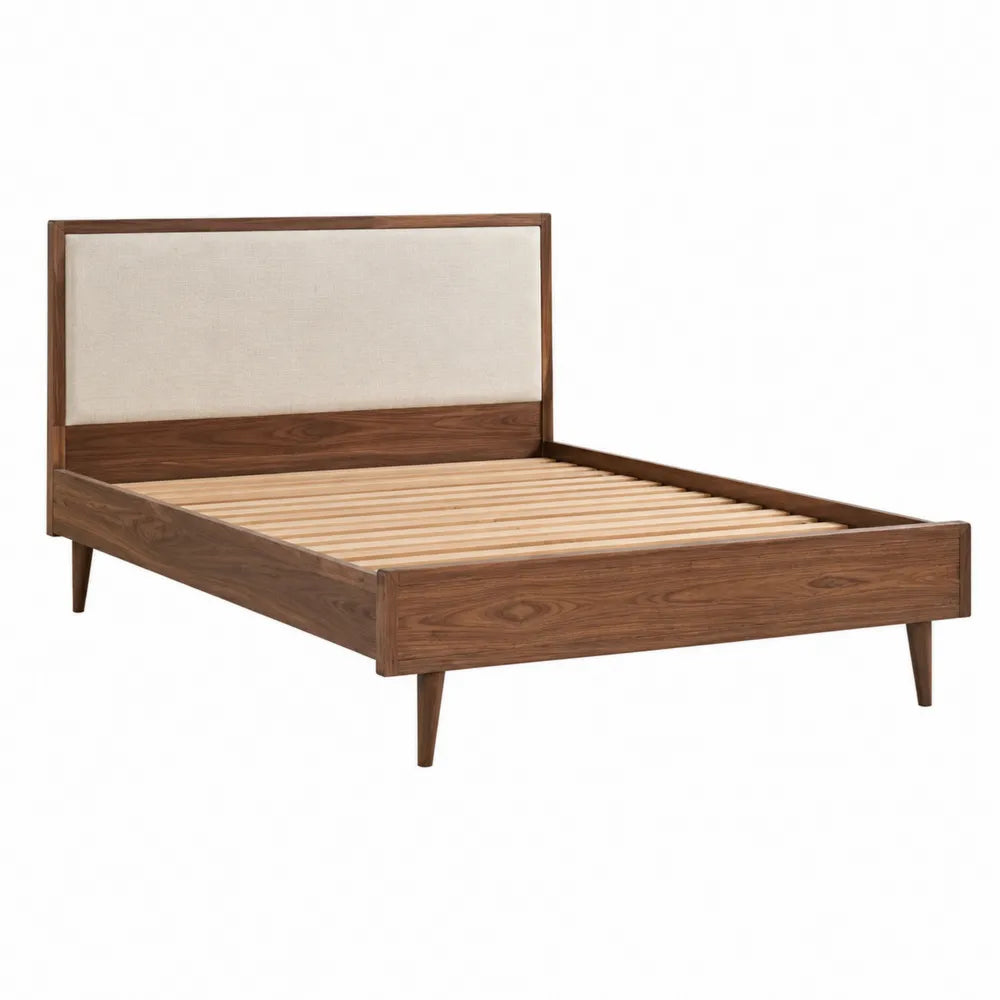 Cama doble de madera de nogal con cabecero tapizado de poliéster 200x160 cm