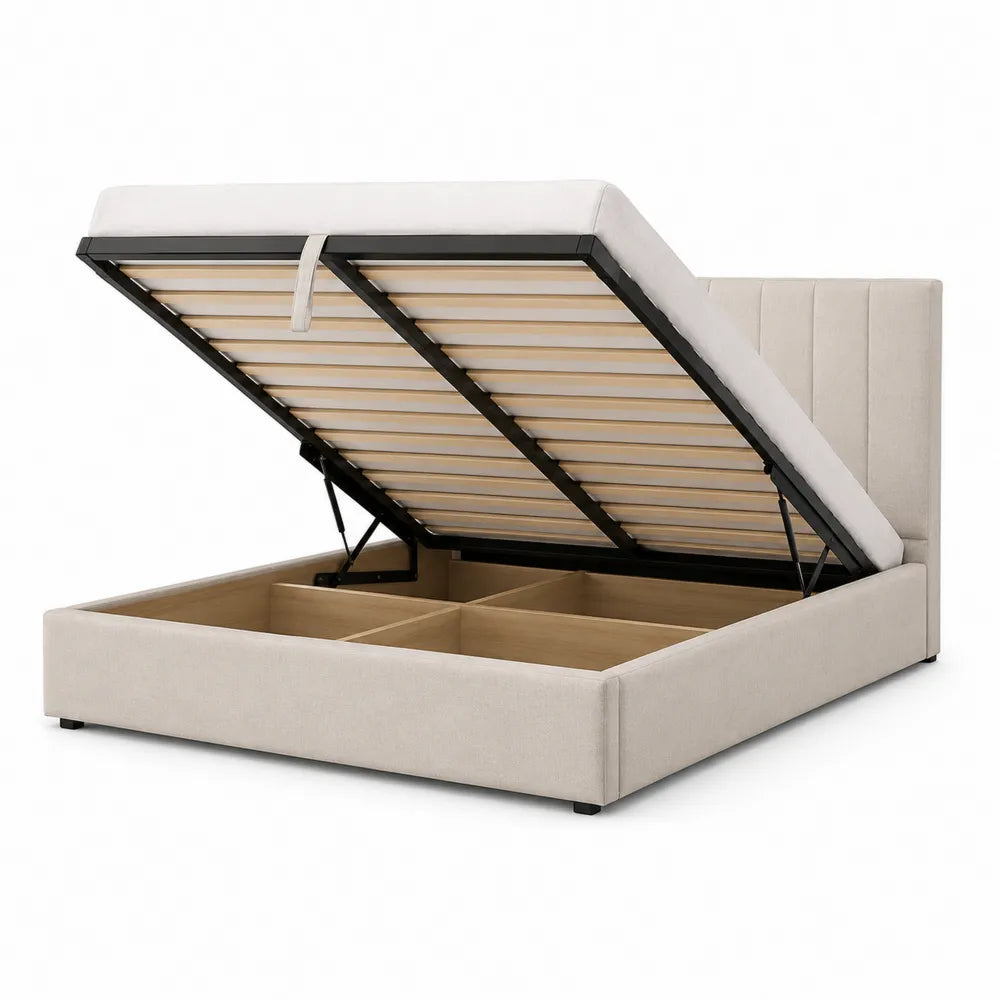Cama tapizada beige con almacenamiento elevable 200x160 cm