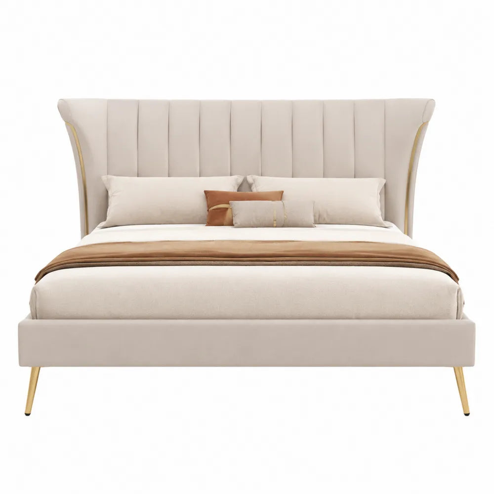 Cama Tapizada Beige con Cabecero de Tela y Patas Metálicas