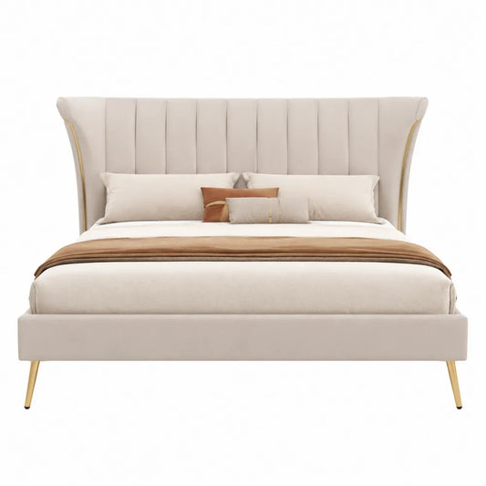 Cama Tapizada Beige con Cabecero de Tela y Patas Metálicas