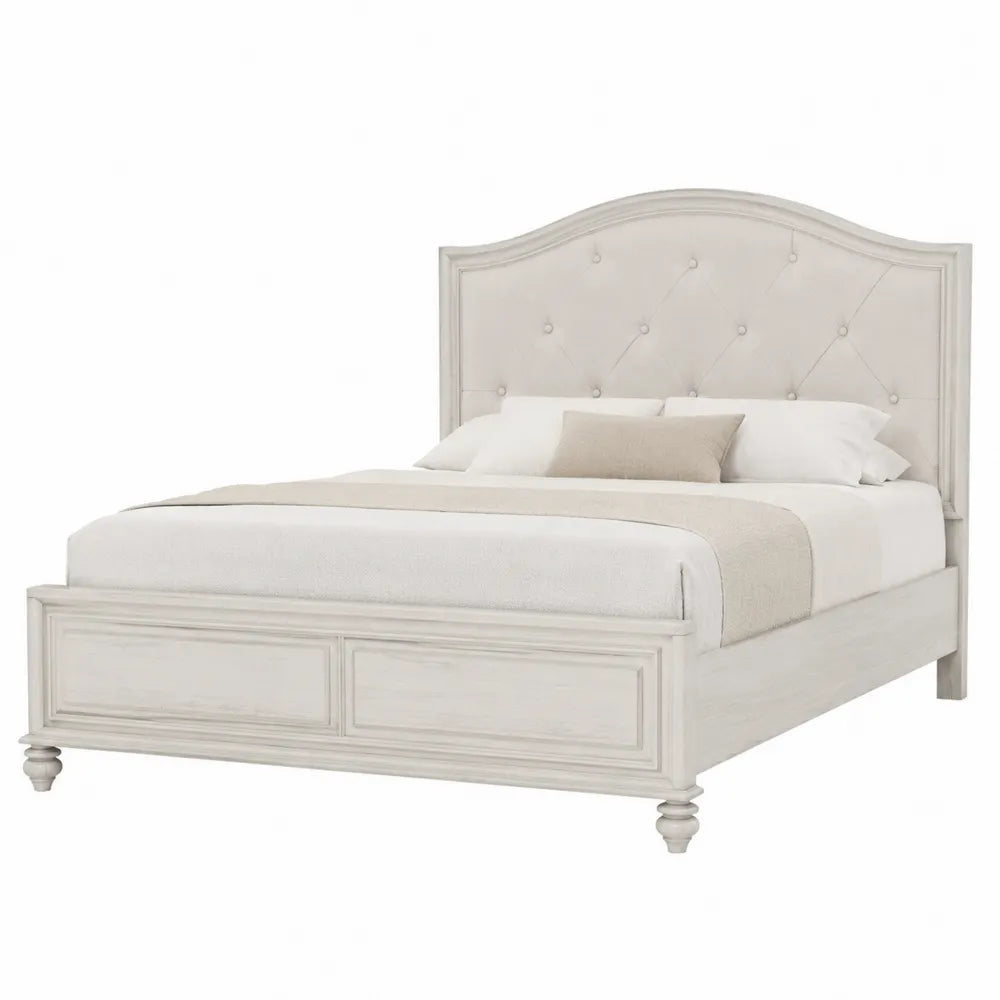 Cama de madera blanca con cabecero acolchado de poliéster