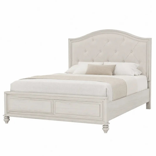 Cama de madera blanca con cabecero acolchado de poliéster