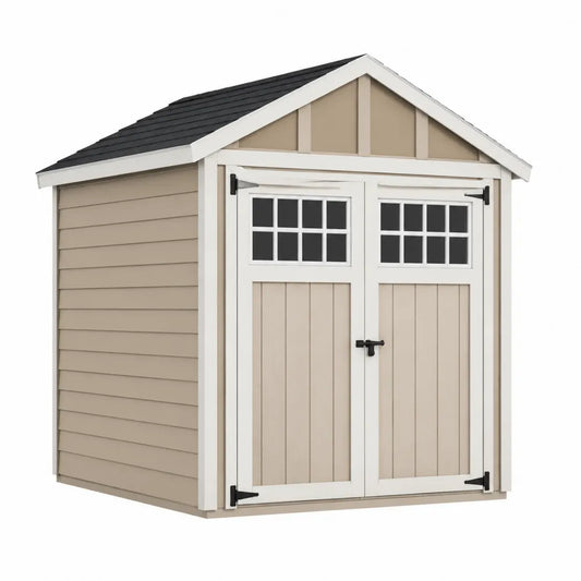Caseta de jardín de polipropileno beige con ventanas en puerta