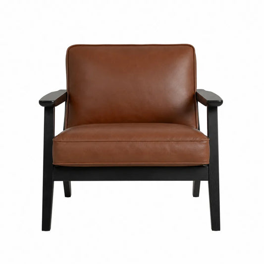 Silla de cuero PU marrón con estructura de madera negra