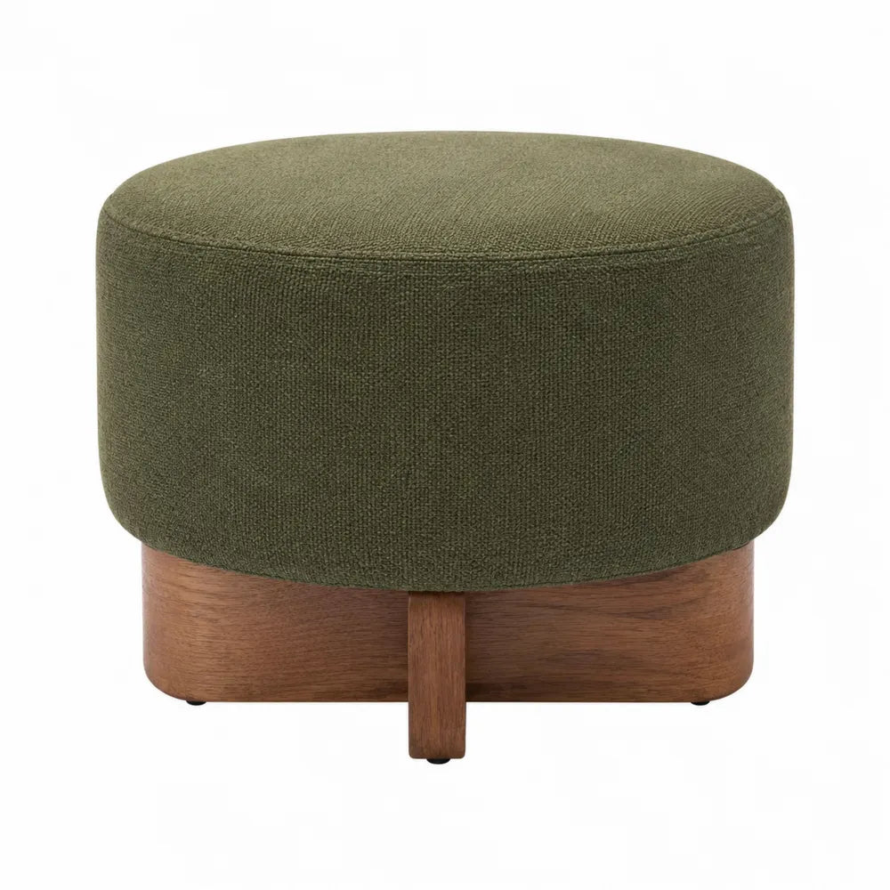 Taburete redondo de poliéster verde con base de madera de nogal