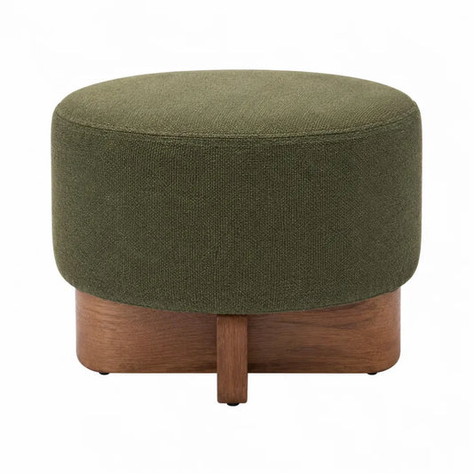 Taburete redondo de poliéster verde con base de madera de nogal