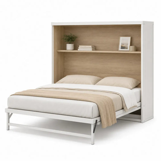 Cama abatible de metal y madera color blanco y roble 200x150 cm