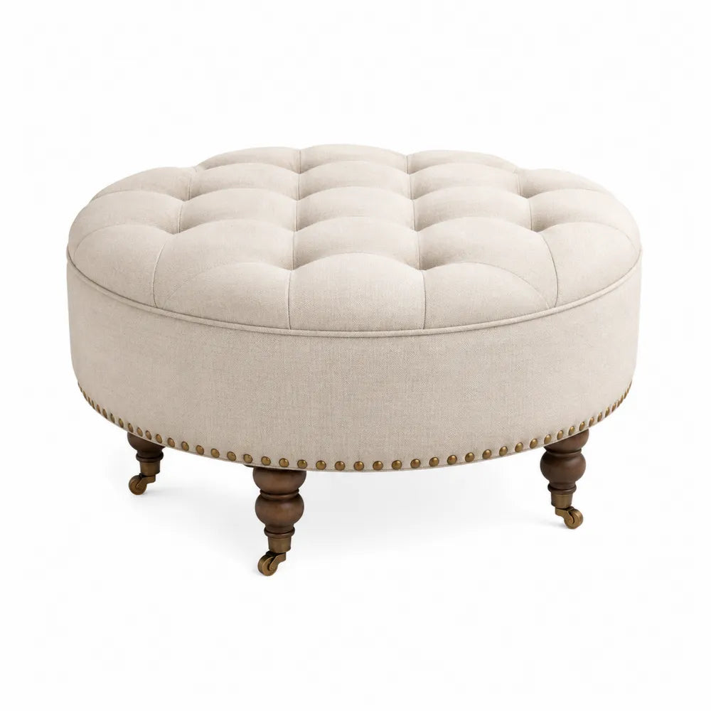 Reposapiés redondo de lino beige con ruedas