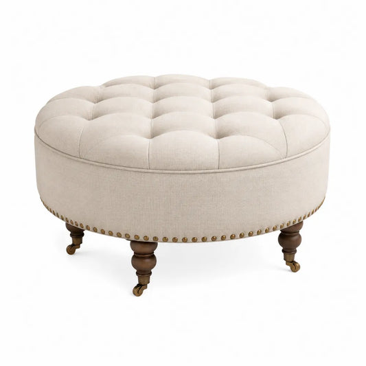 Reposapiés redondo de lino beige con ruedas