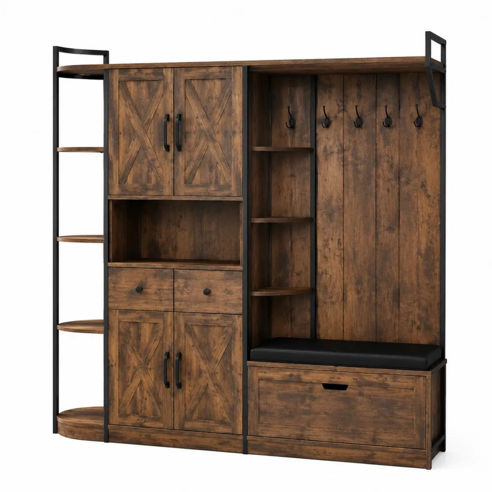 Mueble de entrada con percheros y estanterías de madera y acero